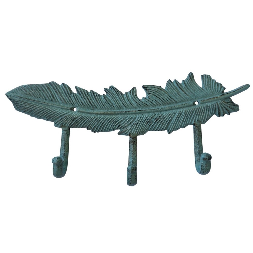 Vintage Cast Iron Feather Wall Hook Rack 3 Hooks Verdigris Green Rustic Decor K3